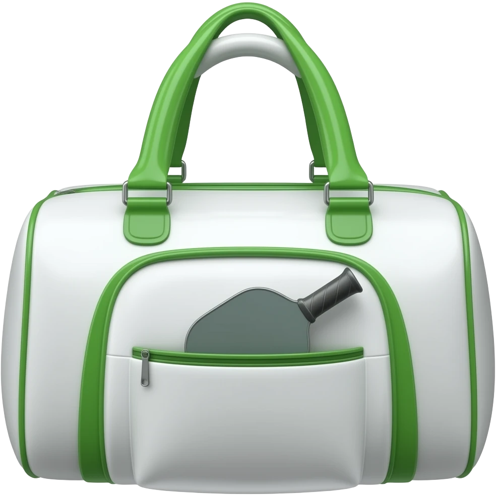 Apple iOS style white sports bag emoji, glossy 3D duffel bag with visible front paddle pocket holding a pickleball paddle, green accent details and piping, minimal luxury design, front-facing, smooth shading, ultra detailed, clean background, premium iOS emoji aesthetic emoji