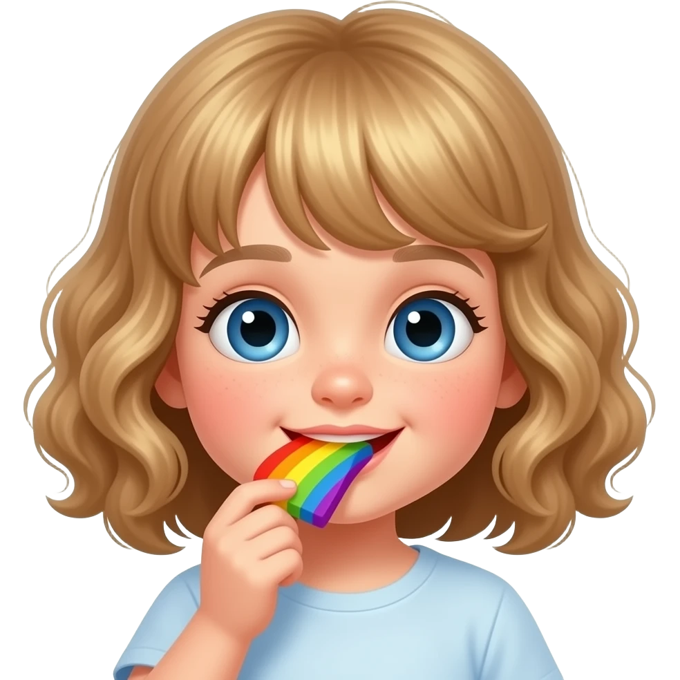 white kid blue eyes mid length hair to shoulders with bangs soft curly hair to shoulders in color: middle to little darker blond. eat the rainbow, explore flavoures emoji
