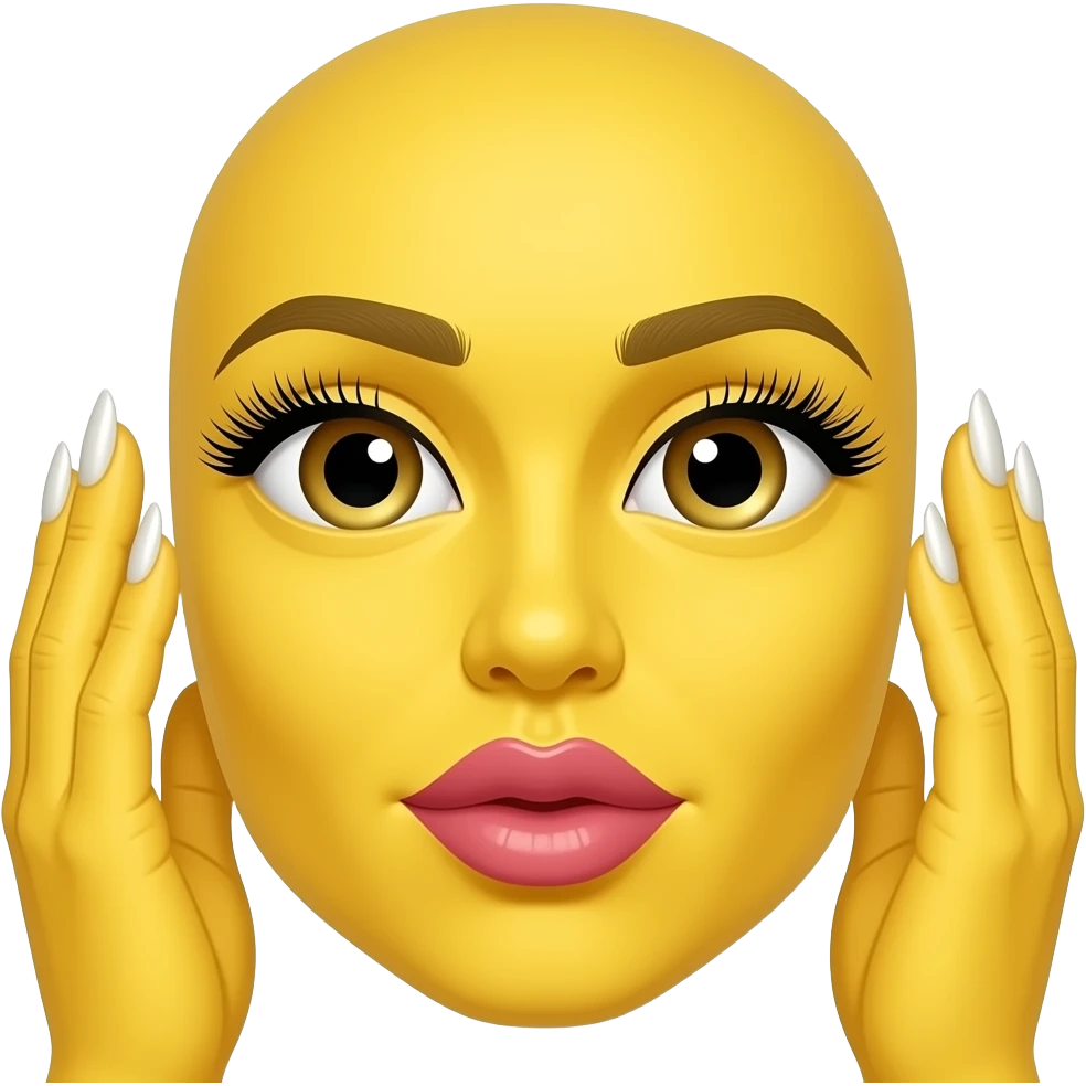 Make an yellow emoji with big libs and long nails with eyelashes emoji