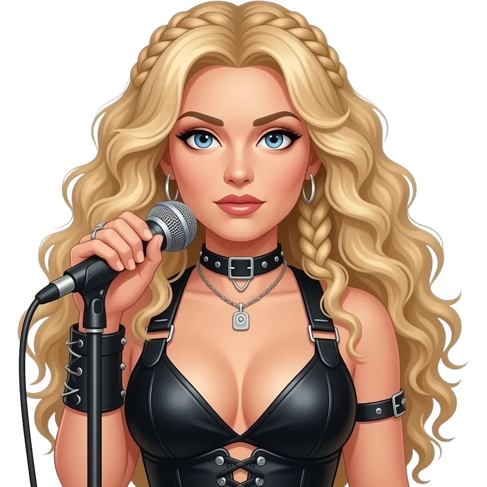 Female lead singer in 40‘s with long beautiful blonde curly hair with some in dress locks or small braids and blue eyes , sexy punk rock outfit with cleavage snd big boobs emoji