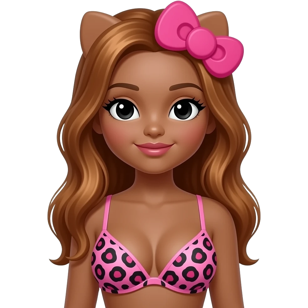 Big breast, Dark brown skin hello kitty girl, Black eyes, Doll shaped face, doll eyes, copper hair, with pink leopard print bra emoji