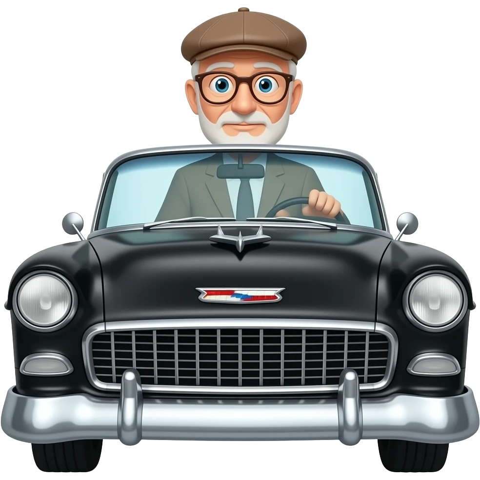 OLD MAN WITH GLASSES NO FACIAL HAIR AND FLAT CAP DRIVING BLACK 1955 CHEVY WITH emoji