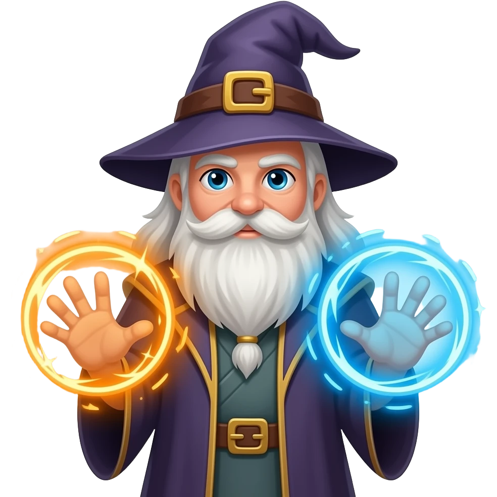 A wizard casting two portal spells, one on the left an orange sparkly circle and one on the right, a blue sparkly circle. emoji