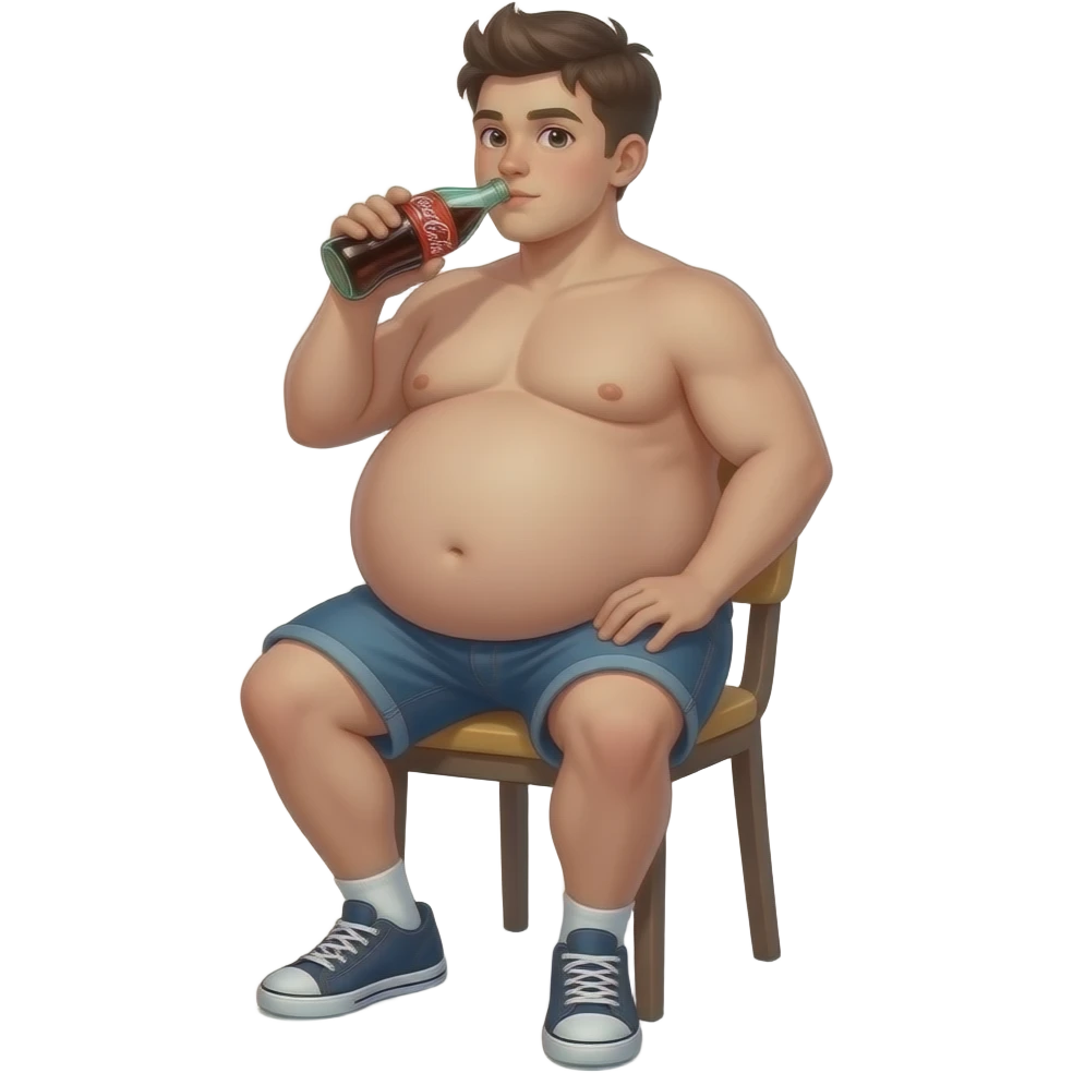 Chłopak ma 15 lat bardzo bardzo ogromnym brzucha brzuch🫄🏼 ma kształt jak ogromna piłka i brzuch jest bardzo twardy i bez koszulki i siedzi na krześle i pije Coca-Cola emoji