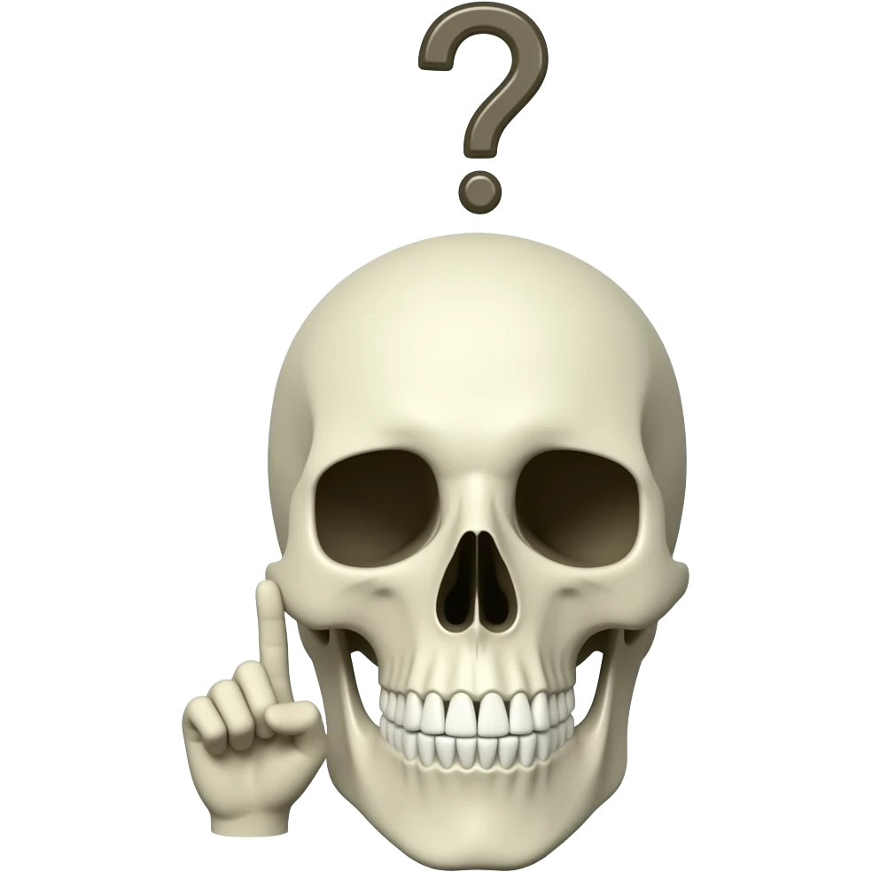 A thinking gesture of a skull head with a question mark above the head not on the skull itself emoji