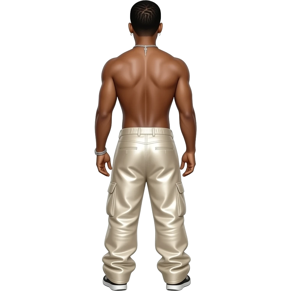 Usher from behind with ivory metallic baggy pants, shirtless with necklace and earrings emoji