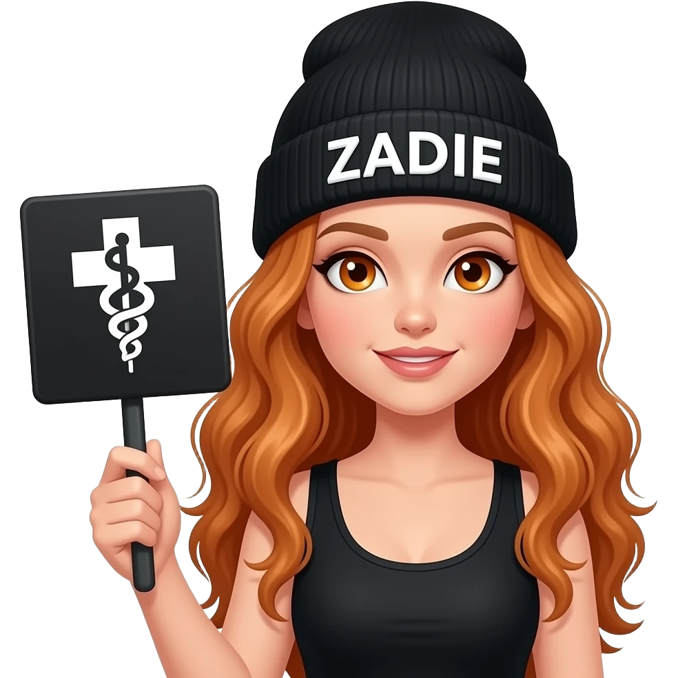 sexy girl with overlong wavy ginger hair and ginger eyes wearing a black tanktop and a black beanie with ZADIE written on it, is holding a black sign with 🩺 on it emoji