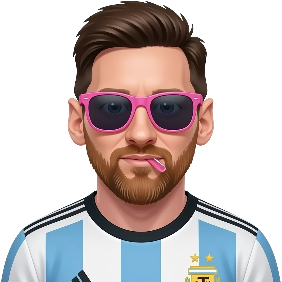 Messi emoji avatar, front-facing, Argentina jersey, clean cartoon style. Big pink sunglasses on the eyes; a mini pink sunglasses is tucked under the lower lip on the chin, like a hidden detail. emoji