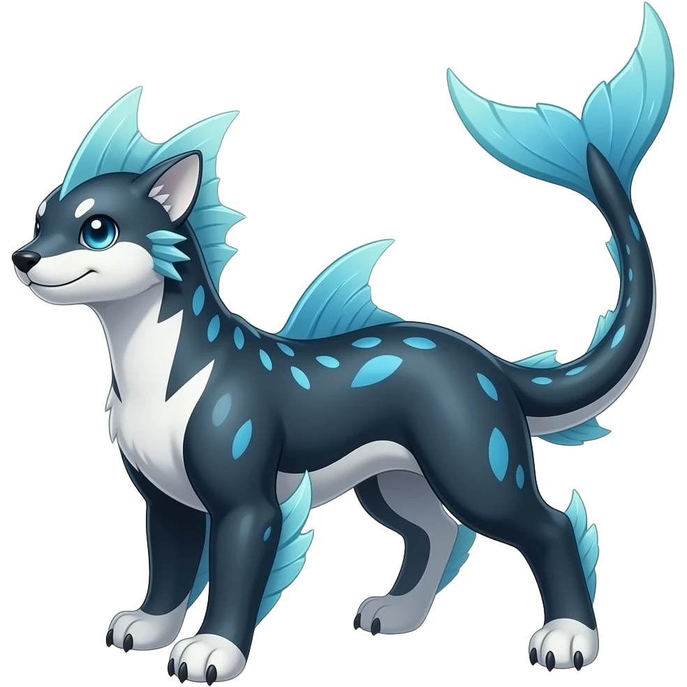 Tough realistic Quadrupedal digitigrade shiny glossy smooth finned frilled gothic tall slim unique epic legendary shiny edgy cool cyberpunk-solarpunk-fantasy-Sharpedo-Sceptile-Sprigatito-Flyogn-Vaporeon-Electrike-Fakémon-hybrid with an orca tail emoji