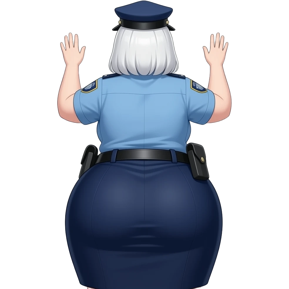 Anime extremely fat big booty a white female creature cosplaying police woman showing back her buttocks with putting her hands behind the wall with her long dark blue dress emoji