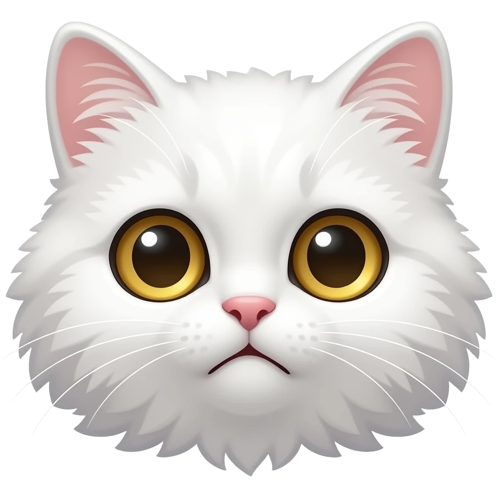 cute white cat with golden eyes, fluffy fur, polished chibi style, discord emote, twitch emote, transparent background, thick clean outline, soft shading, expressive face, high contrast, sad emoji