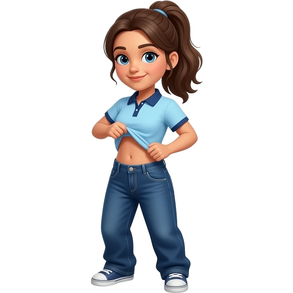 17 year old hispanic woman with brown ponytail and blue eyes light blue dark blue lined polo and dark blue baggy jeans and belly button lifting her shirt showing her feet emoji