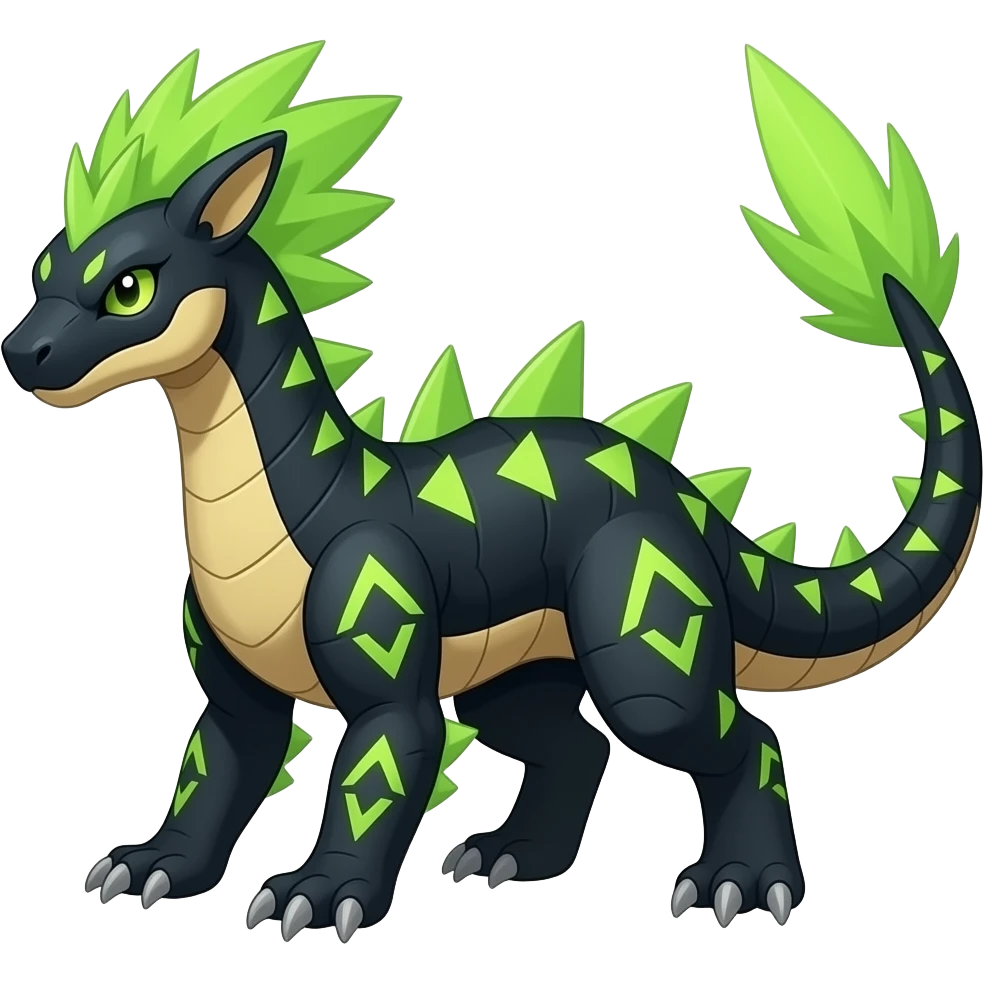Cool edgy ancient black-scaled with neon-colored triangular stripe markings digitigrade bipedal vintage futuristic fantasy-Cyberpunk-Steampunk-Solarpunk-Genesect-Salamence-Tyranitar-Vernid-Fionbri-Fakémon-animal-hybrid, with neon-green feather-mane, and a tail blade, back spikes, full body emoji