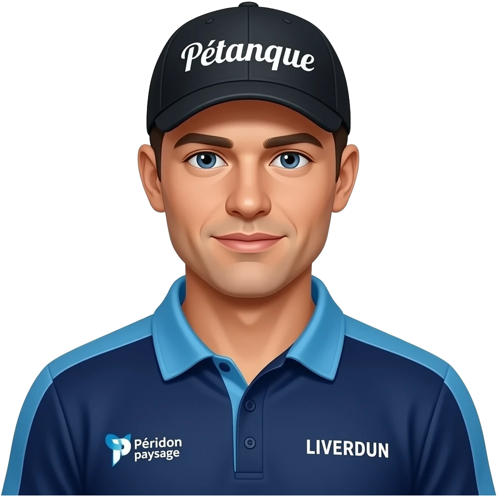 visage homme maillot bleu marine, col 2 boutons avec col et épaules seules bleu clair et logo "Péridon paysage" côté gauche LIVERDUN côté droit casquette noire  avec  Pétanque emoji