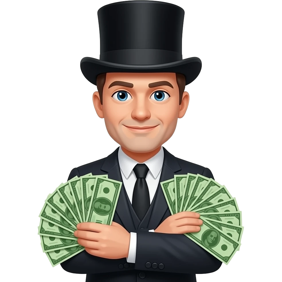 make a man wearing a suit and a top hat doing a money spread in his arm emoji