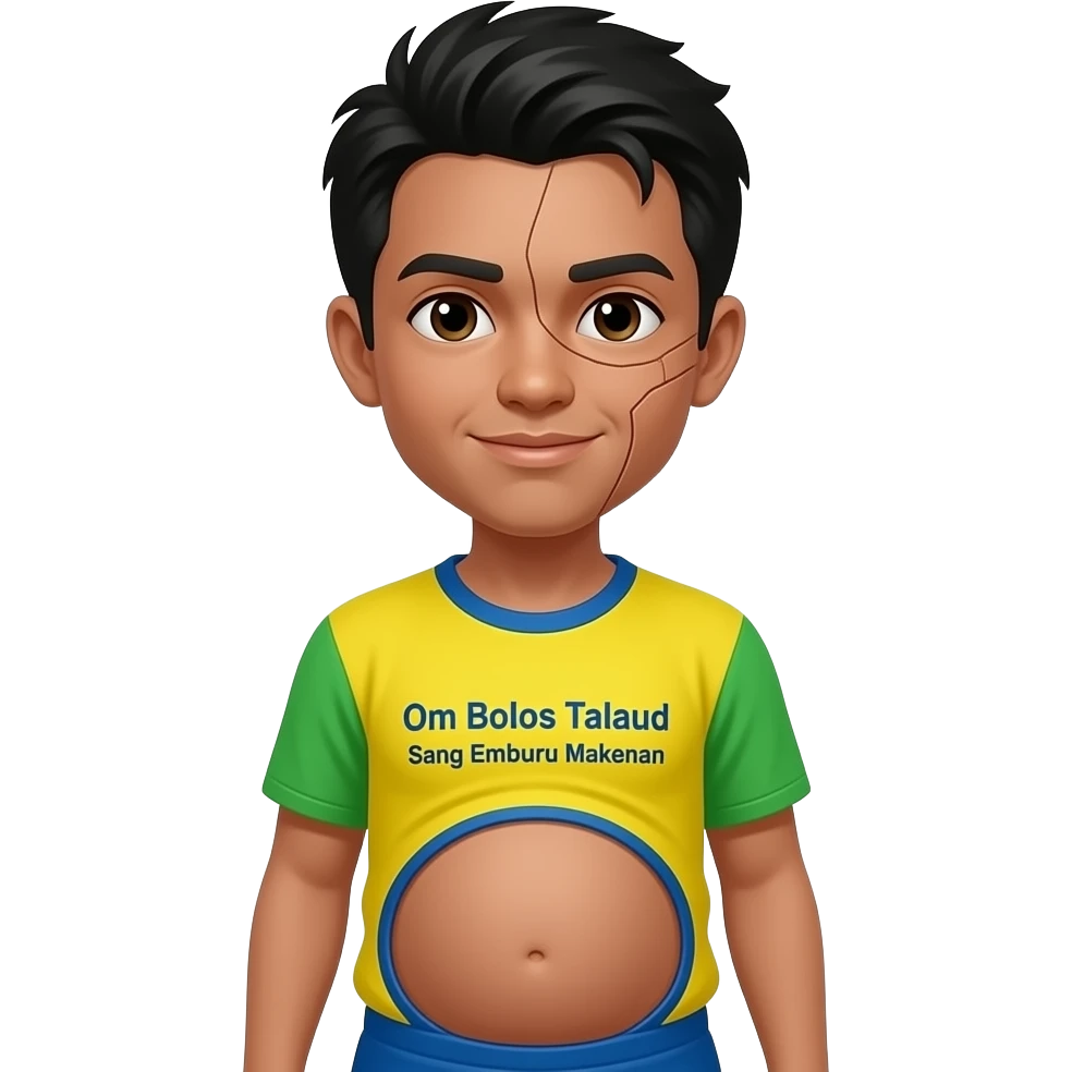 Buat potongan wajah dan rambutnya seperti itu tapi menghadap kedepan dengan posisi perut buncit dan bajunya diganti dengan warna cerah bertulisakan Om Bolos Talaud Sang Pemburu Makanan emoji