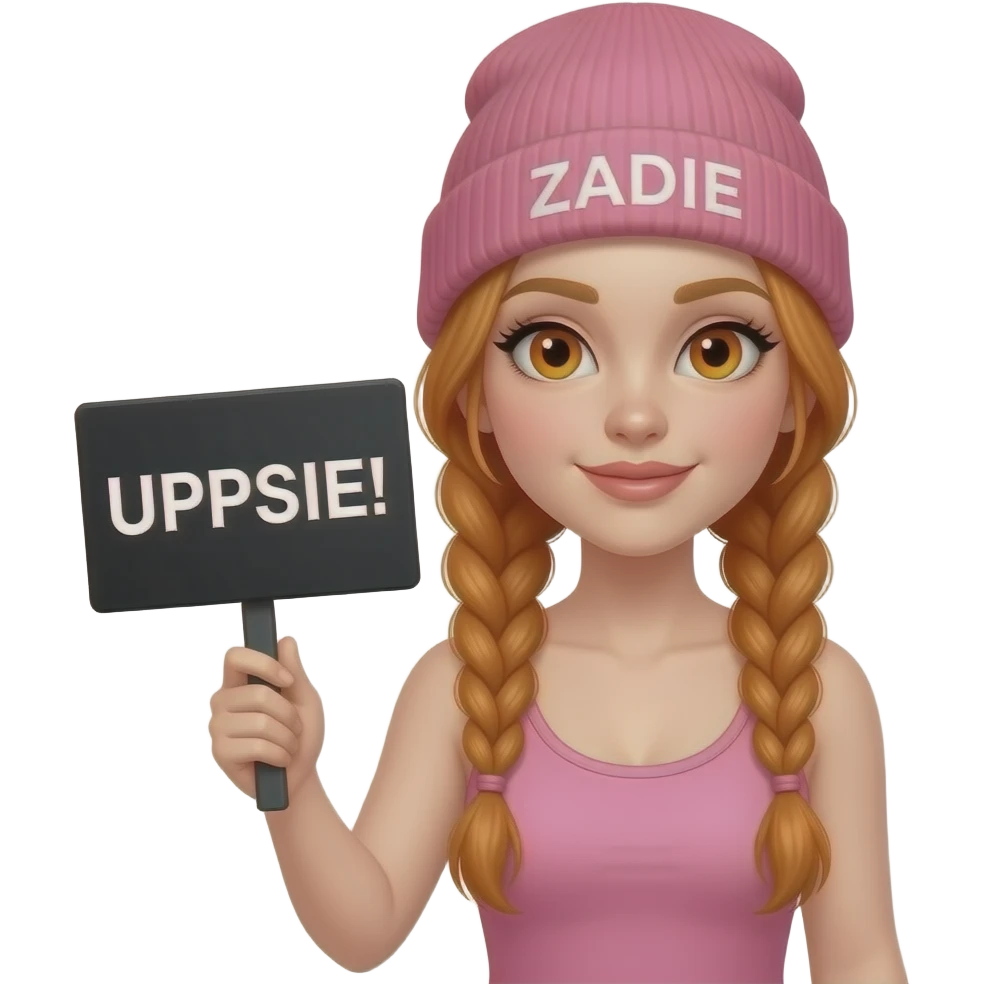 sexy girl with overlong ginger braids and ginger eyes wearing a pink tanktop and a pink beanie with ZADIE written on it, is holding a black sign with UPPSIE! written on it emoji