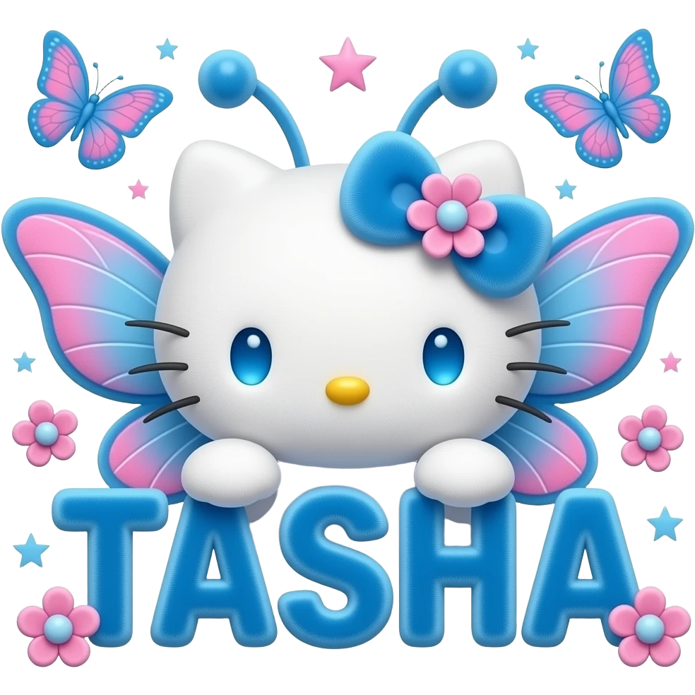 White velvety fur 3D hello kitty head with blue pink gradient 3D flower ...