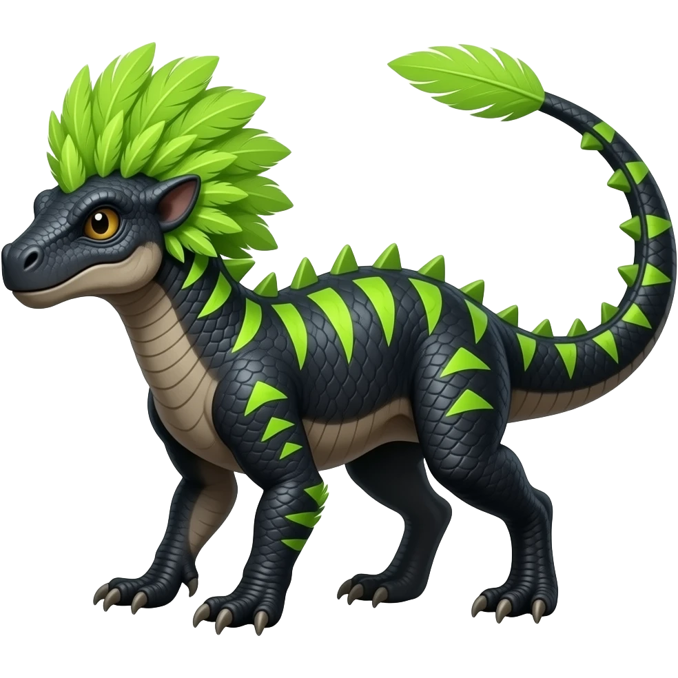 Cool edgy ancient black-scaled with neon-colored triangular stripe markings digitigrade bipedal vintage futuristic raptorik fantasy-Cyberpunk-Steampunk-Solarpunk-Genesect-Salamence-Tyranitar-Vernid-Fionbri-Fakémon-animal-hybrid, with neon-green feather-mane, and a tail blade, back spikes, full body emoji