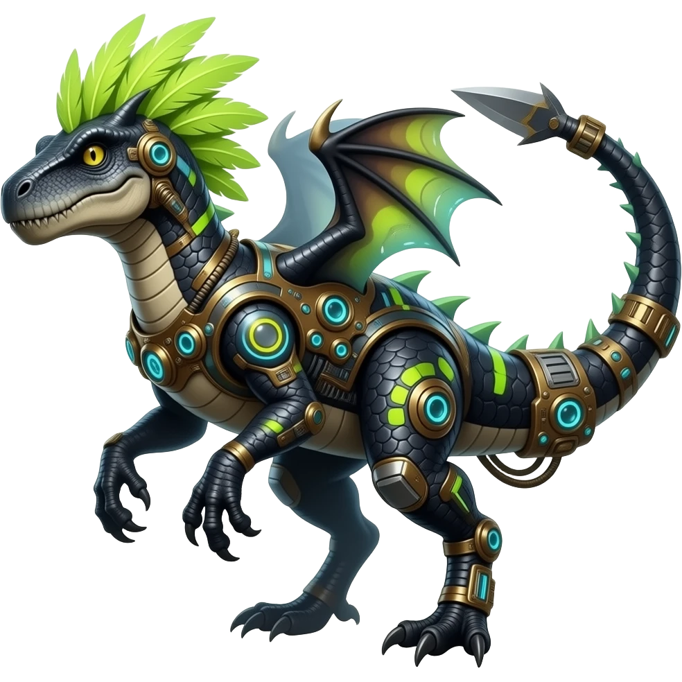Cool edgy ancient black-scaled with neon-colored stripe markings digitigrade bipedal vintage futuristic raptorik fantasy-Cyberpunk-Steampunk-Solarpunk-Genesect-Salamence-Cyclizar-Salazzle-Feraligatr-Fakémon-animal-hybrid, with neon feather-mane, and a tail blade, back spikes, full body emoji
