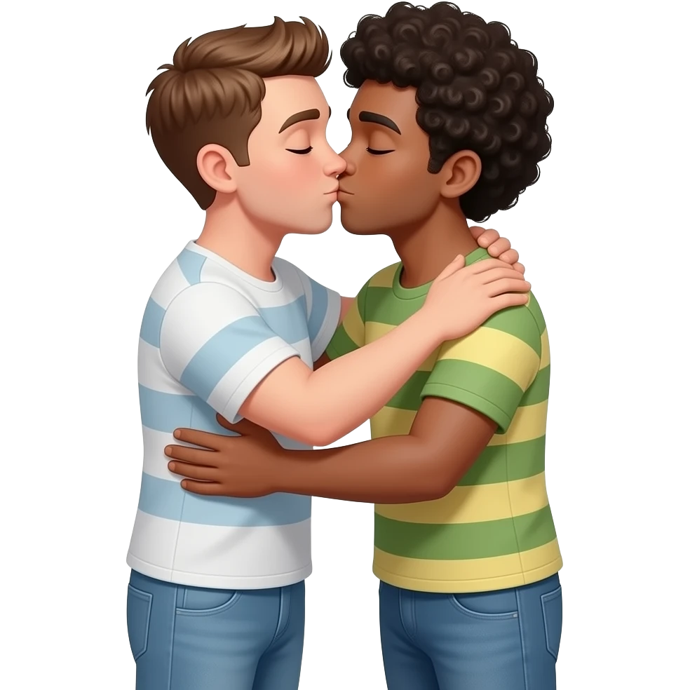 2 gay man: one bold taller and one brown with a Afro haircut, hugging and kissing in a very loving way emoji