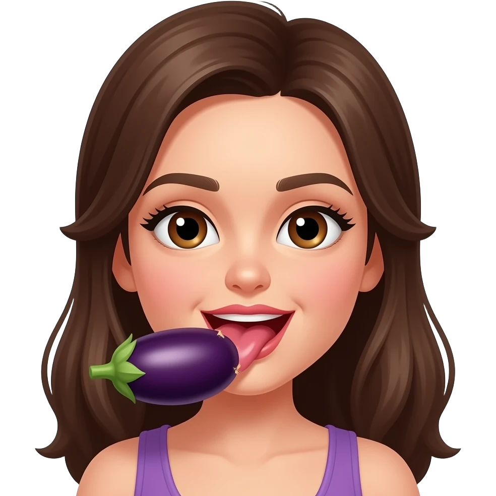 Brown haired, brown eyes Girl licking eggplant with saliva emoji