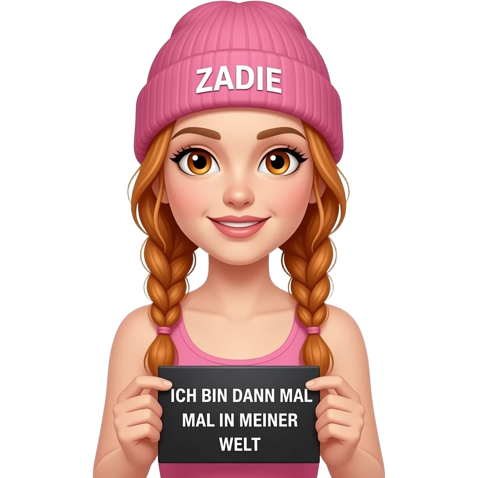sexy girl with overlong ginger braids and ginger eyes wearing a pink tanktop and a pink beanie with ZADIE written on it, is holding a black sign with ICH BIN DANN MAL IN MEINER WELT written on it emoji