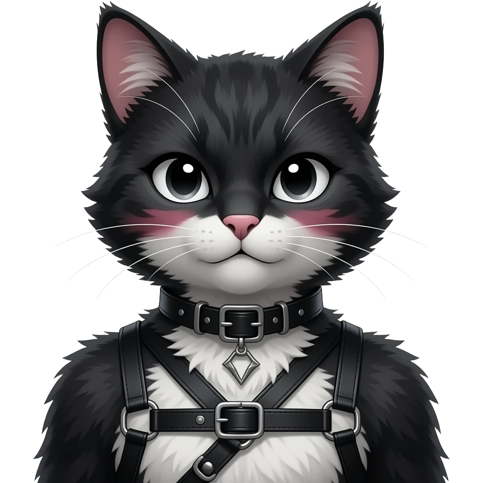 Gorgeous furry gothic dark techwear anime style anthro black cat fursona with blushing face aesthetic and pretty edgy black with collar and harness trending style emoji