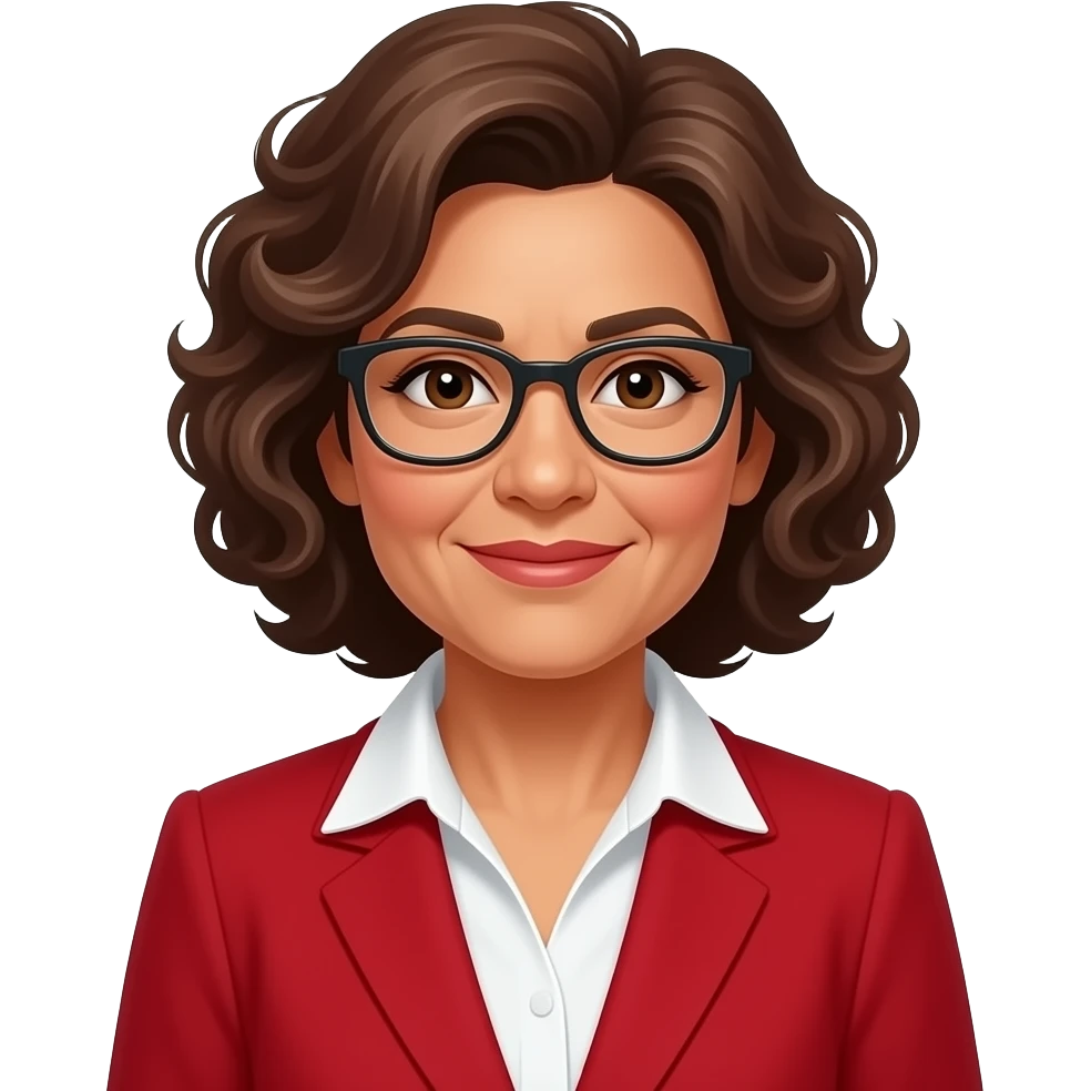 Young 60 year old woman curly brown hair. Glasses. Mexican/indian features. Red Business attire emoji