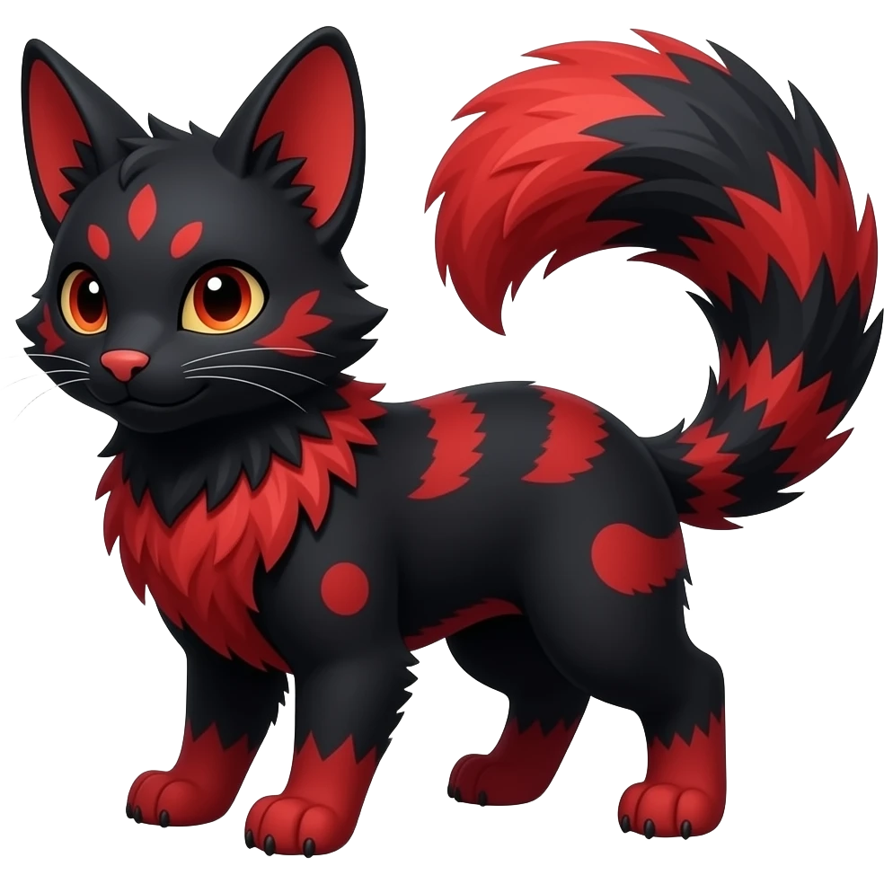 Feral Rare Fantasy shiny soft fuzzy furry vibrant tropical obsidian-black and crimson-red Vernid-Trico-species-creature by LiLaiRa, random markings, tufted tail, tufted ears, full body emoji