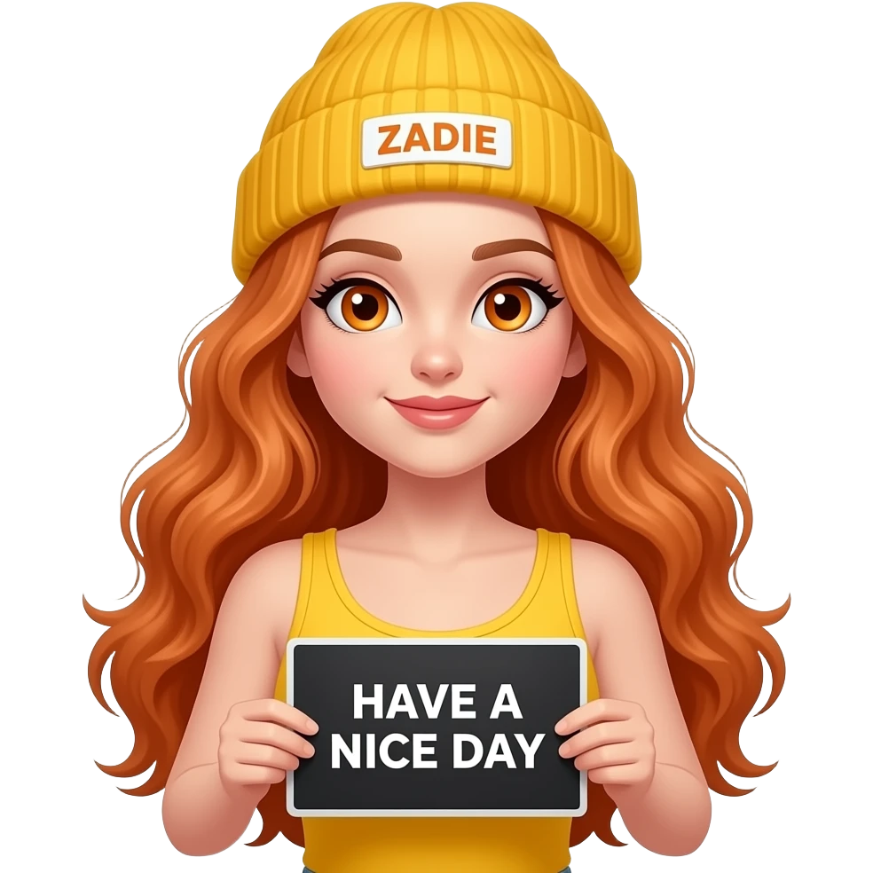 sexy girl with overlong wavy ginger hair and ginger eyes wearing a yellow tanktop and a yellow beanie with ZADIE written on it, is holding a black sign with just HAVE A NICE DAY on it emoji