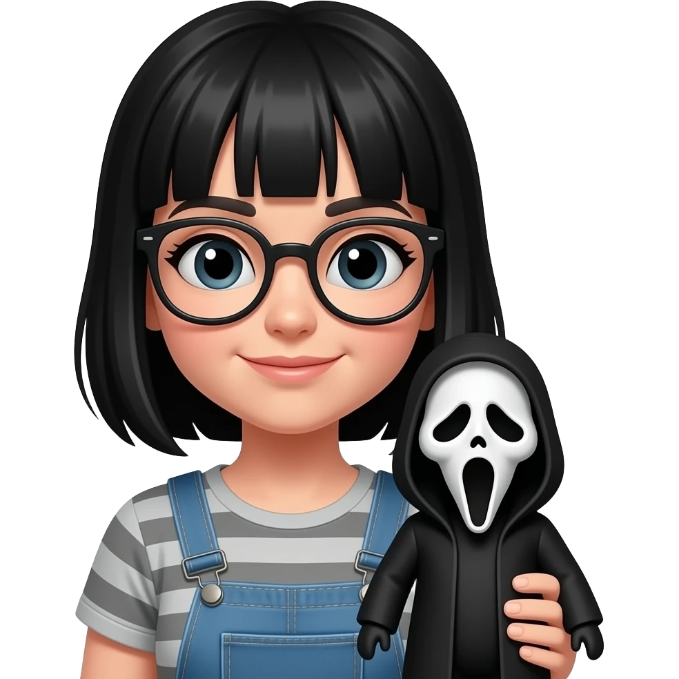Girl with black hair and glasses with Ghostface doll emoji