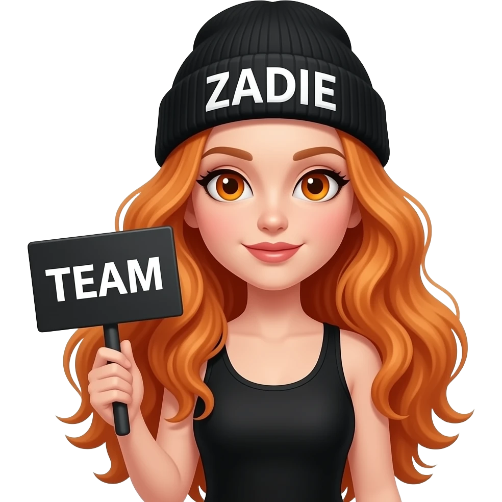 sexy girl with overlong wavy ginger hair and ginger eyes wearing a black tanktop and a black beanie with ZADIE written on it, is holding a black sign with TEAM written on it emoji