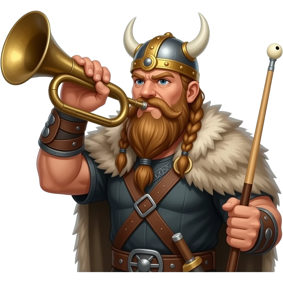 Tough looking  Viking blowing a large horn holding a biiard cue emoji