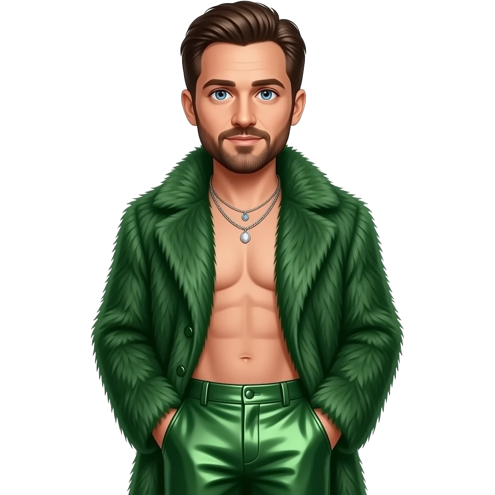 Jake Gyllenhaal with blue eyes, dark brown hair, green fur coat, green metallic baggy pants, shirtless with necklace emoji