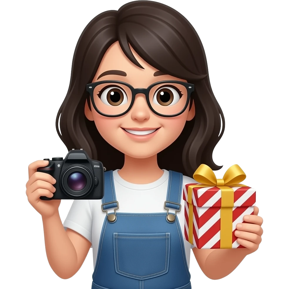 black haired girl wearing glasses with gifts and camera emoji