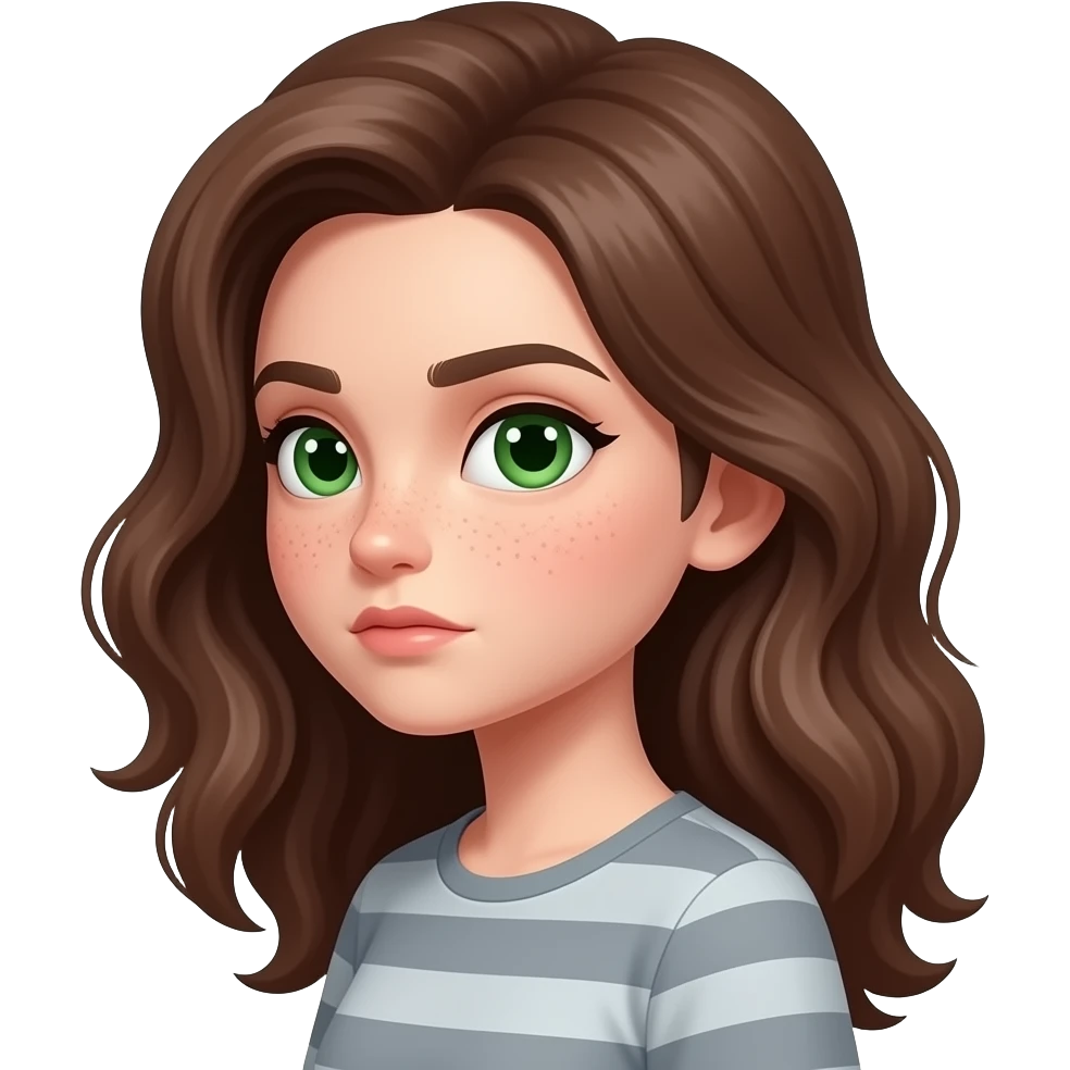 Brown wavy long hair green eyes cute face with freckles pretty girl side view doing side eye with suspicious  face expression emoji