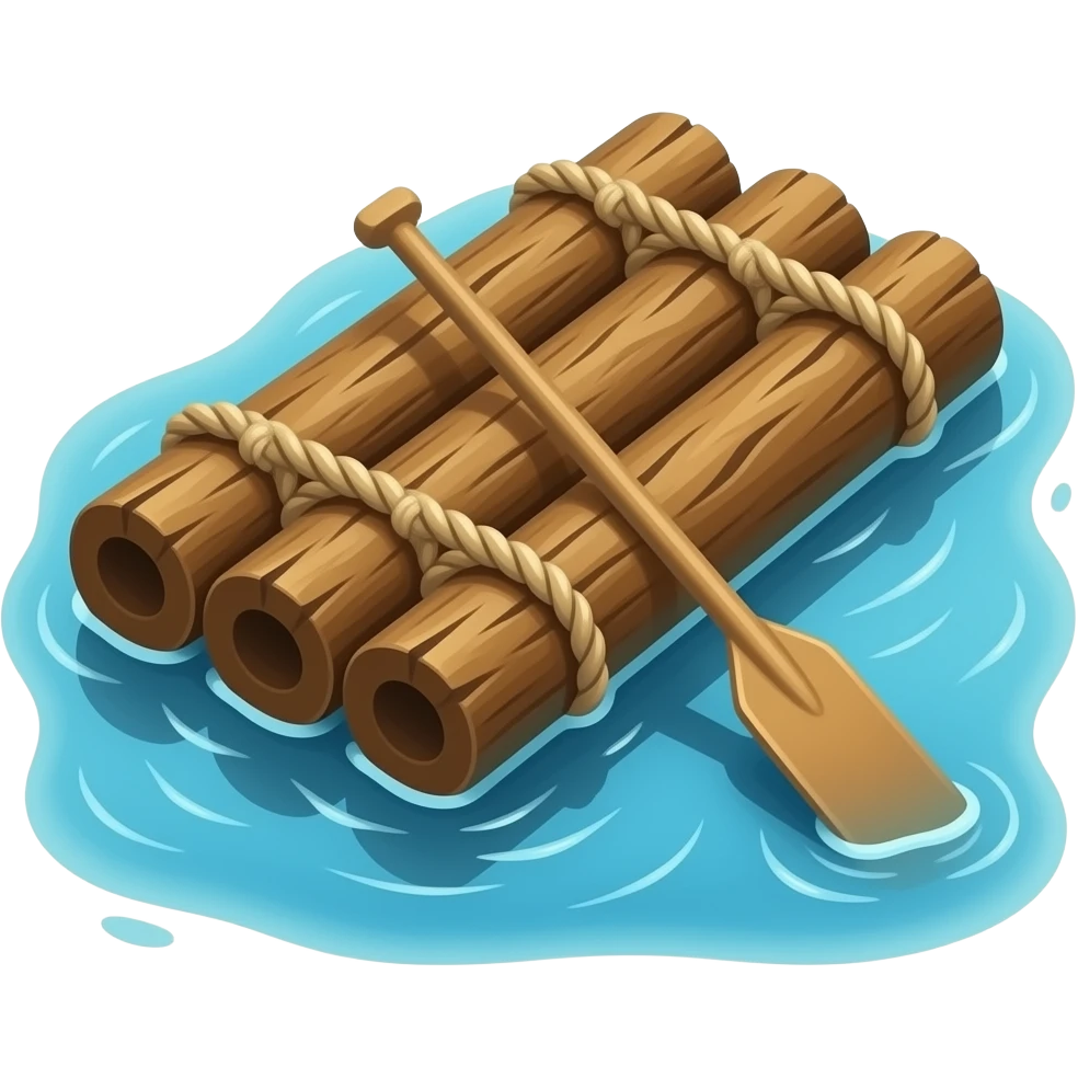 “Wooden log raft made from rope-lashed logs, flat platform with no hull ...