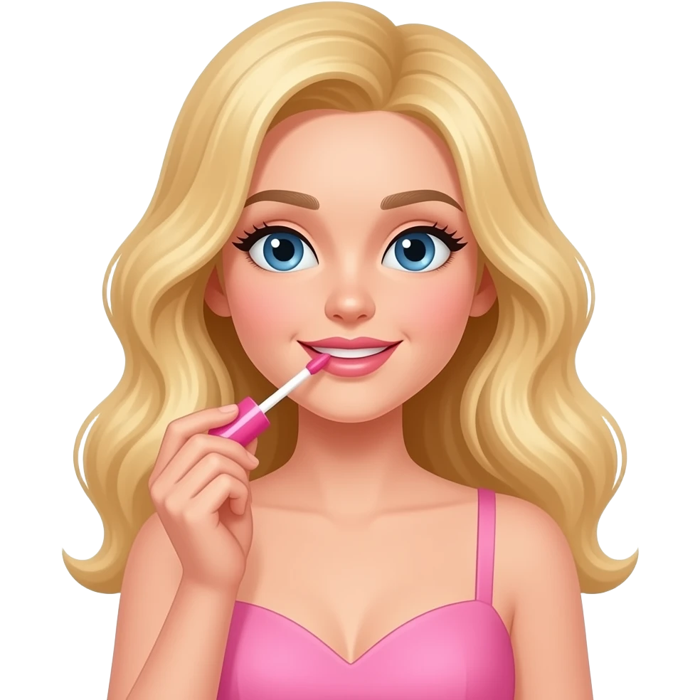 A girl with blonde wavy hair putting on pink lip gloss with a pink dress on emoji