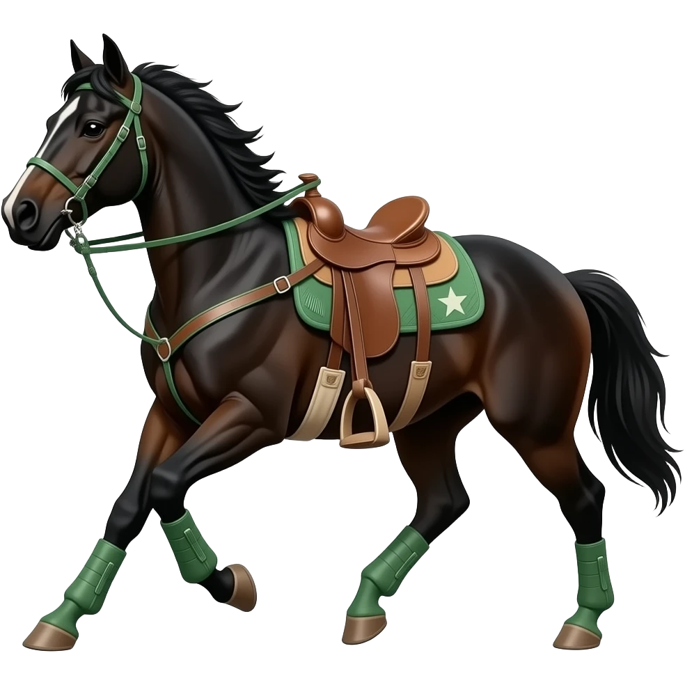 ottb black gelding running home from the third barrel in barrel racing with western tack and sage green saddle pad,  sage green splint boots,Bell boots, sage green breastcollar, fringe, and sage green reins, with a star not a stripe emoji