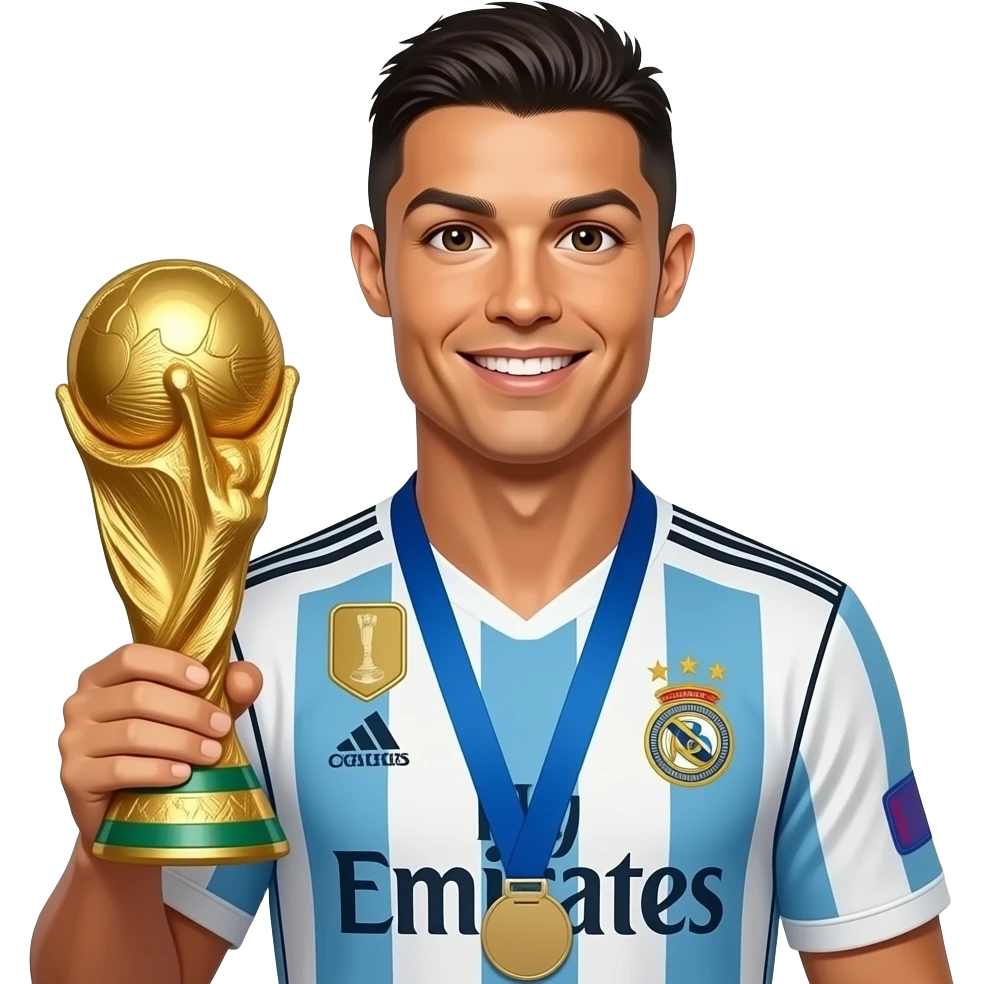 Generate image in which Ronaldo holding FIFA word cup trophy and wearing Fly emirates shirt emoji