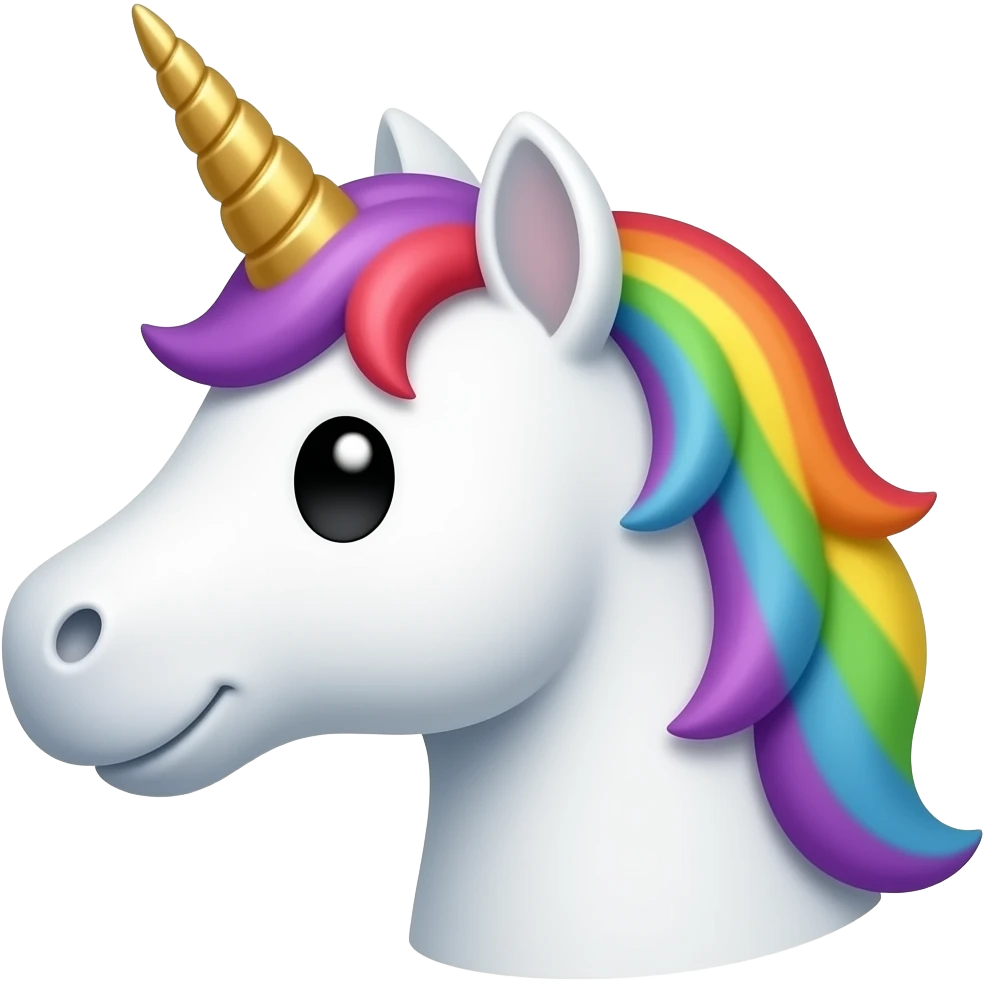 Whimsical funny face of a white wool unicorn, golden horn, rainbow mane, black eyes, in profile emoji