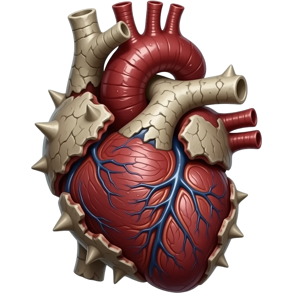 A corrupted draconic organ featuring deep crimson-red cardiac muscle, jagged ivory-gray osteoderms, sharp keratinous spikes, dense organic plating, intricate vascular textures, glossy moisture-rich surfaces, rugged biological growths." emoji