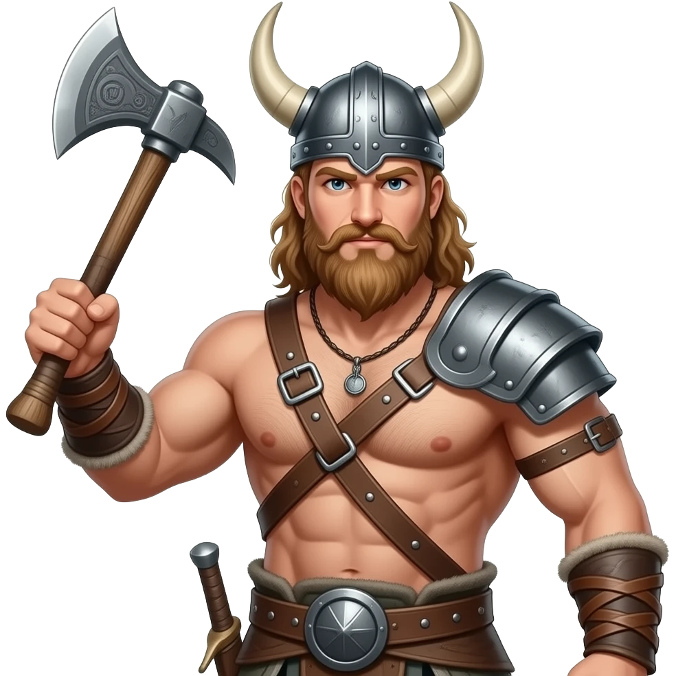 Vikinger mit nackten maskulinen Oberkörper und einer behaarten und starker Brust, mit Leder Riemen und Schulterpanzer. Er schwinkt eine Axt und trägt ein Helm mit Hörnern emoji
