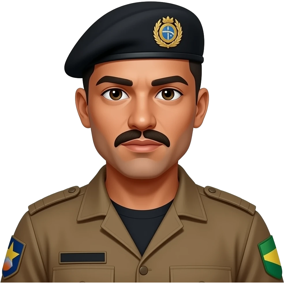 Sargento marcos negro  Policial militar do Paraná masculino negro de bigode  com cabelo raspado com bigode  boina preta e farda tatica marrom e camiseta preta por dentro da farda, sem detalhes em preto na farda por fora sem nehum prestando continência emoji