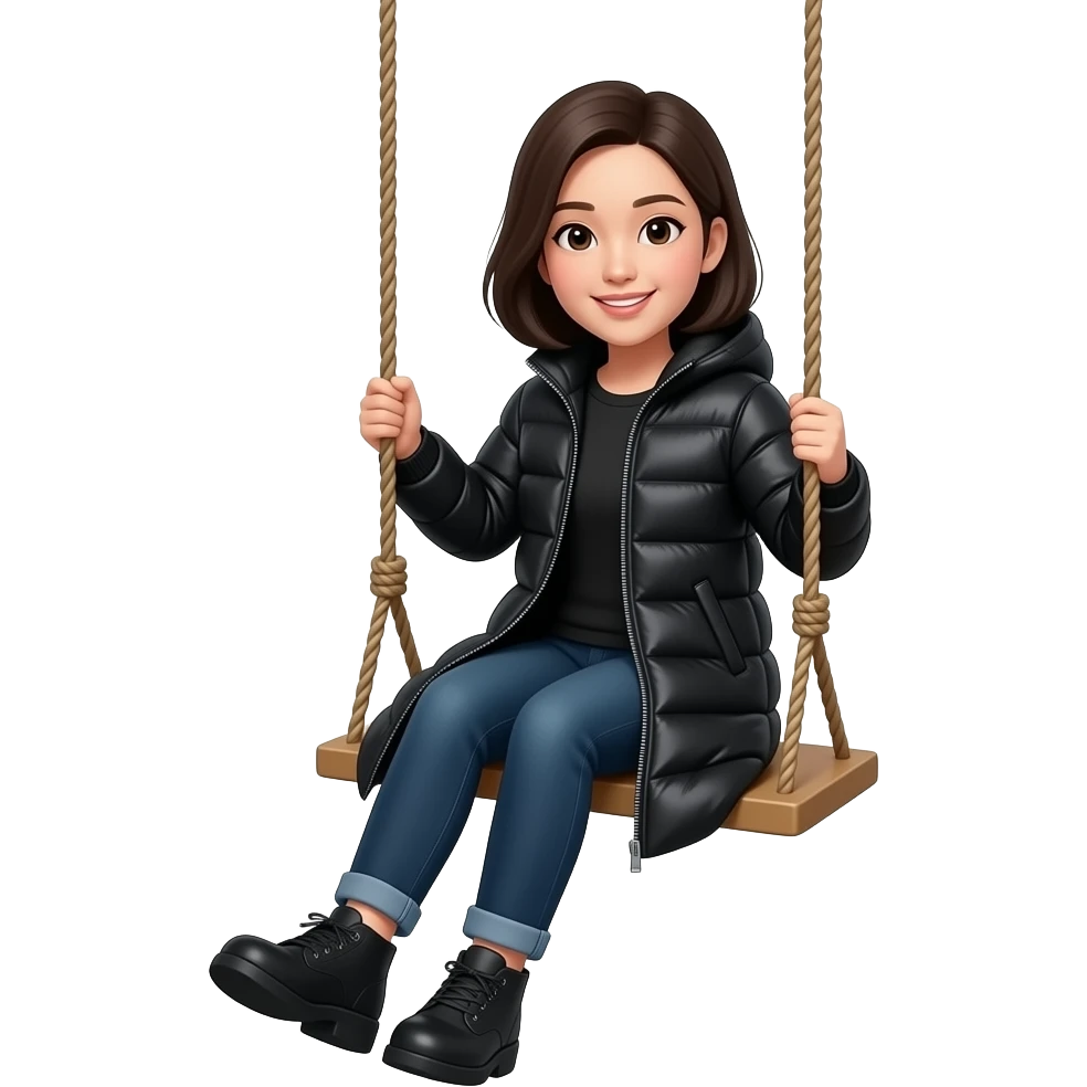 一个亚洲女人身穿连体长款黑色羽绒服，正在坐在秋千上，荡秋千 emoji