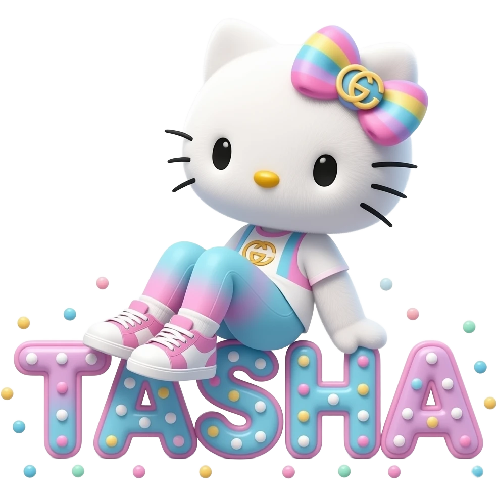 4D Velvety fur hello kitty wearing ombre white and blue and pink ombre pastel colored leggings and sneakers, and with the Gucci symbol on her ombre pastel bow sitting sideways leaning back on top of the velvety 3D outlined letters TASHA surrounded with tiny ombre pastel dots made of candy emoji