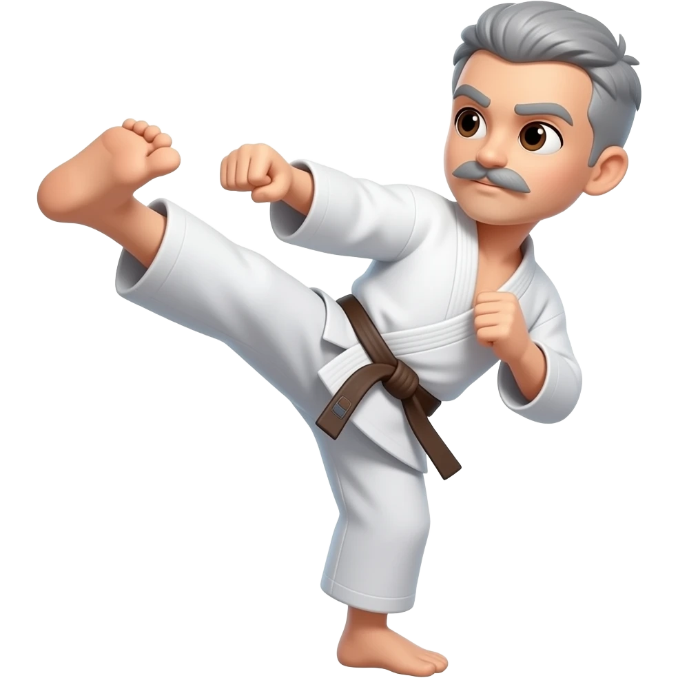 No BEARD,  very SHORT gray hair with a mustache doing a karate kick and brown eyes and Brown Belt emoji