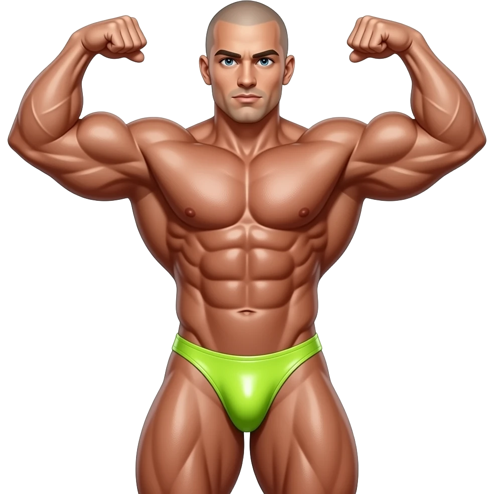 Erstelle ein Bild von einem nackten eingeölten Bodybuilder mit glatze. Eine sehr breit Schulter und extrem muskulöser Mann, so muskulös das man seine Adern an den Armen sehne kann. Er hat ein knallige neon farbende enge und knappe Latex speedo an und  macht typische Bodybuilder Posen emoji