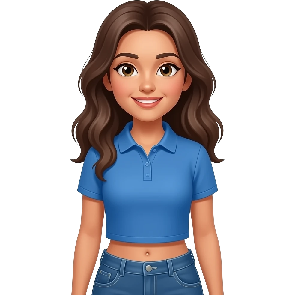 Hispanic girl with brown hair, blue polo, and jeans with a belly button emoji